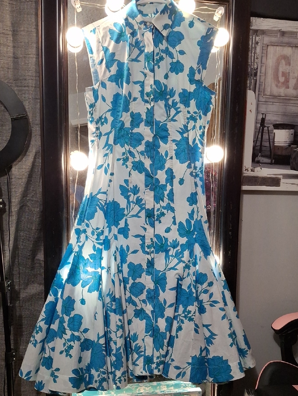Sleeveless White Dress with Blue Floral Print